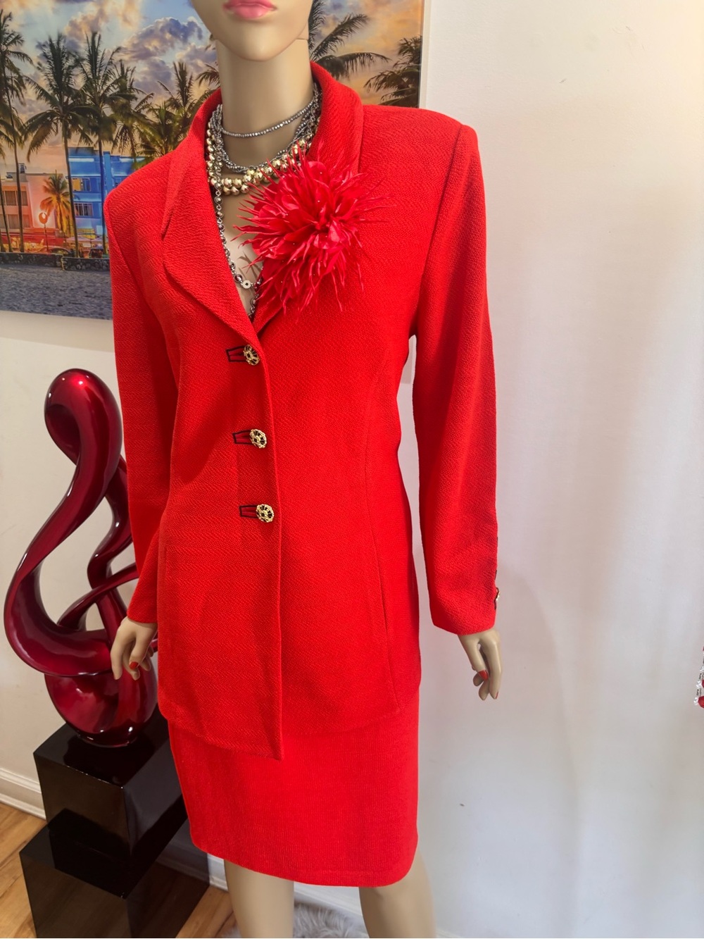 St. John Vibrant Red Orange Tailored skirt suit tweed set 14 L embellished